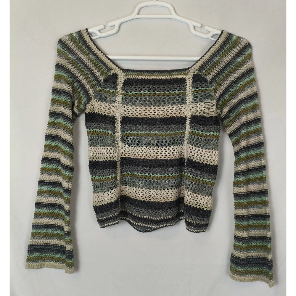 Free People Cropped Stripe Boho Sweater Festival Y2k Silk Cotton Sz XS?? S?